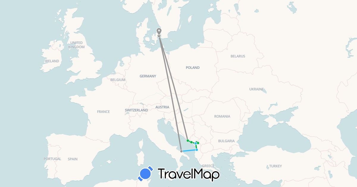 TravelMap itinerary: driving, bus, plane, boat in Albania, Denmark, Croatia, Italy, Montenegro (Europe)